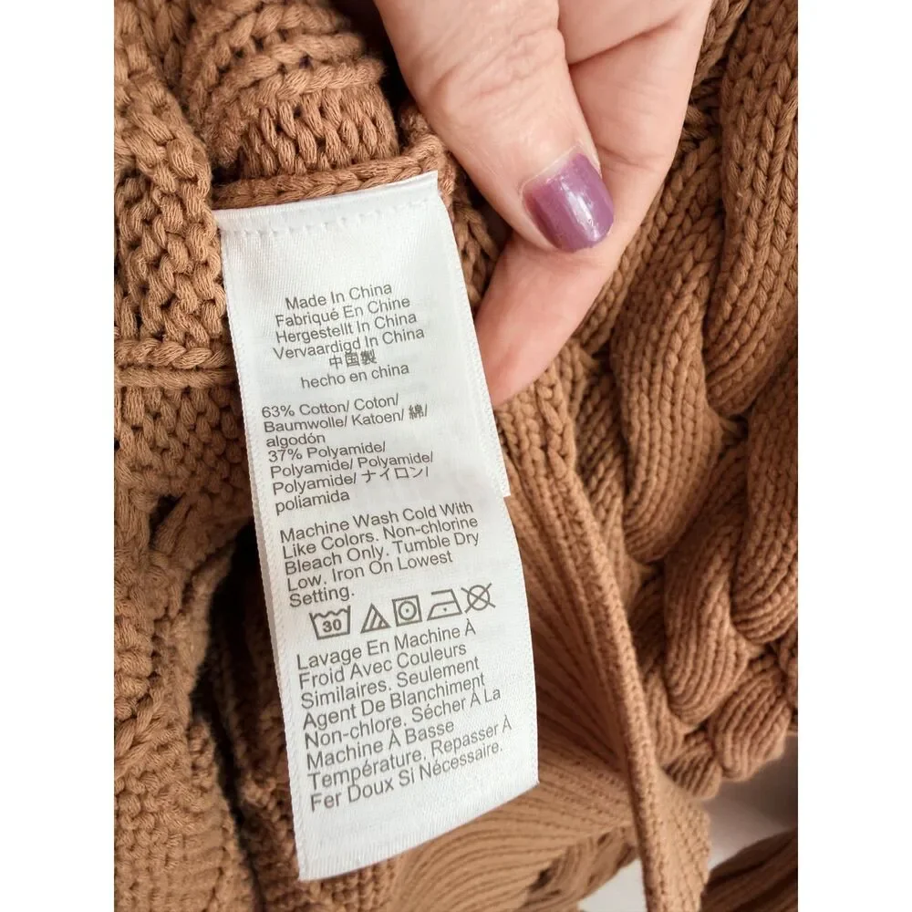 J.Crew Re-Imagined Cable Knit Sweater S-M Camel Brown Side Slit Cotton Blend